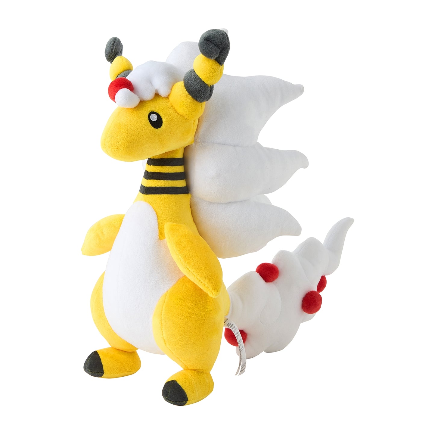 Mega Ampharos plush featuring a yellow and white body, dramatic flowing white mane, red orbs along its tail, and black-striped ears and neck.