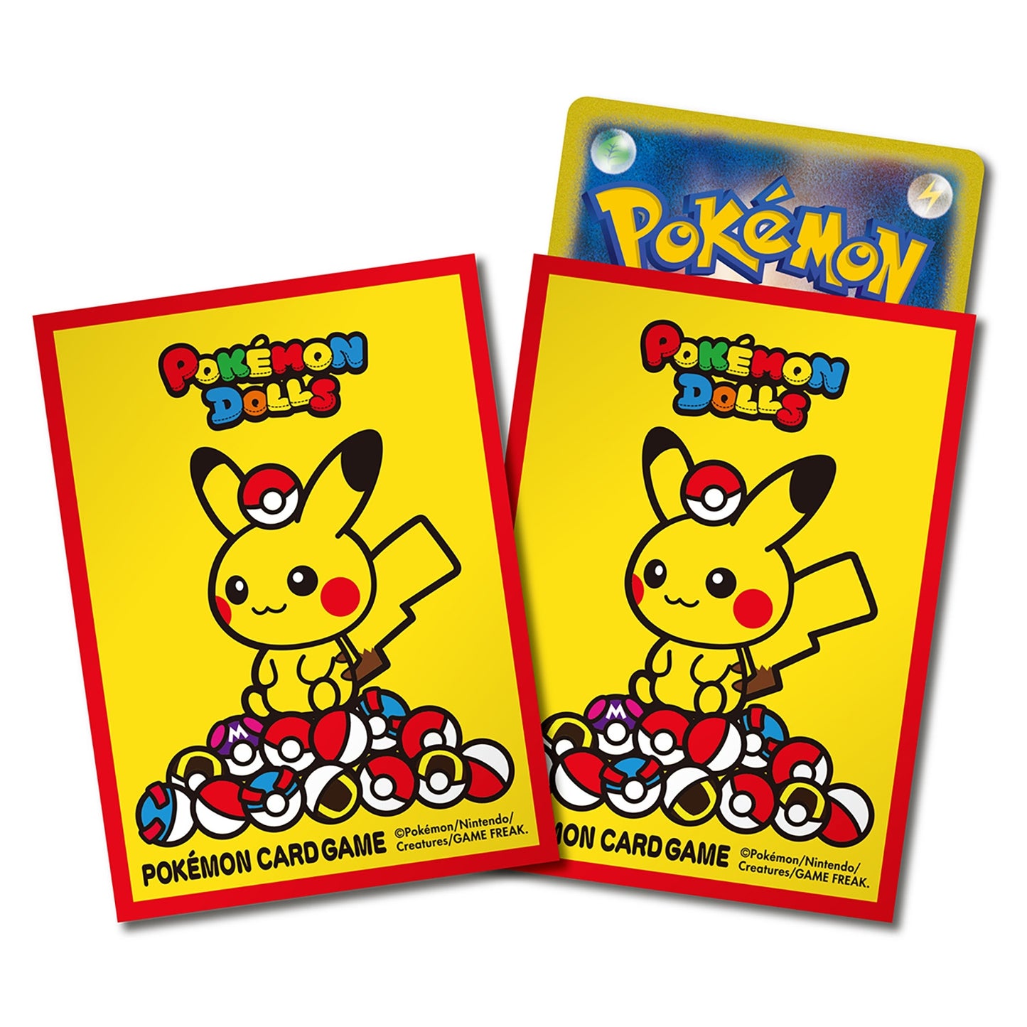 Two Pokémon Dolls-themed card sleeves with red borders, featuring Pikachu sitting on a pile of Poké Balls against a bright yellow background. One sleeve has a card partially inserted.