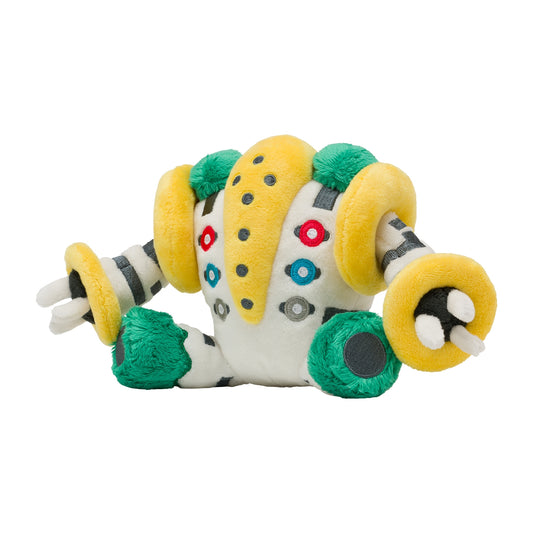 A small Regigigas plush in a sitting pose, featuring its iconic yellow, green, and black design with embroidered eye patterns and circular shoulder pads.