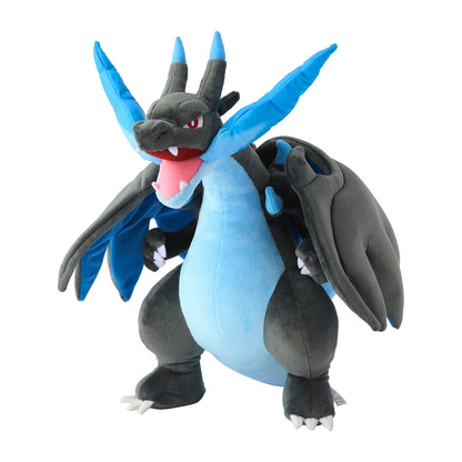 Mega Charizard X plush with a black and blue color scheme, large blue wings, open mouth, and blue flame-like horns and tail tip.