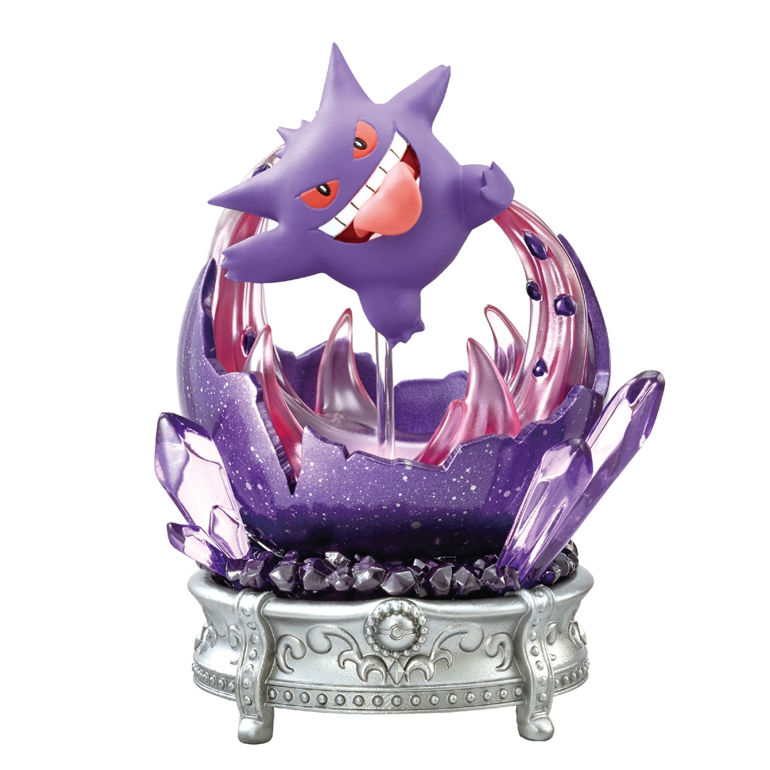 A decorative figure of Gengar from Pokémon, shown floating with a mischievous grin above a jagged purple base resembling a cracked geode. The display features translucent crystals, dark gem-like details, and rests on an ornate silver pedestal.